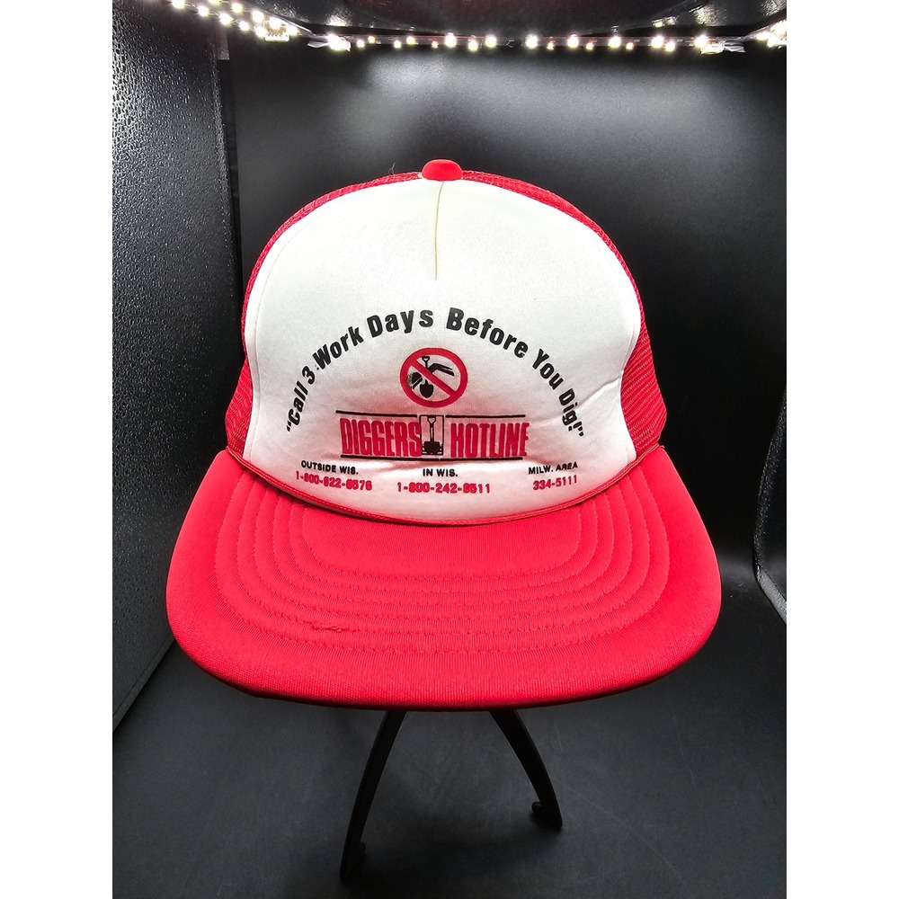 Vintage Diggers Hotline Trucker Hat Red White Wisconsin Utility Snapback Cap